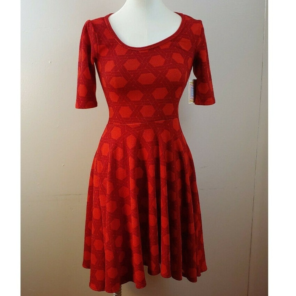 LuLaRoe Fit and Flare Dress Geometric Print Casual Red‎ Dress Size XXS